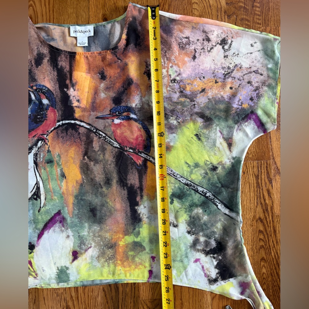 NWT Women's Peck & Peck Sheer Top Art to Wear Birds Floral Flowy Popover  Size S - Picture 6 of 10